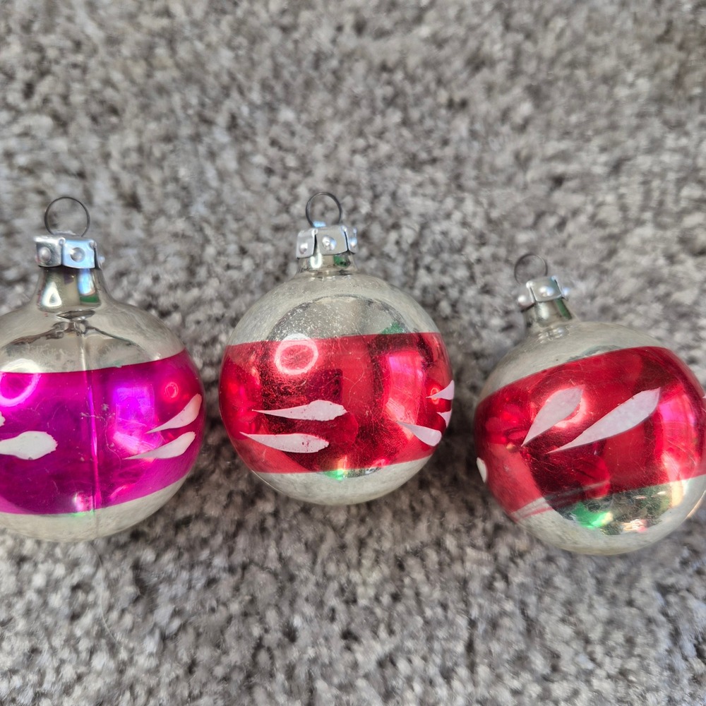 Vintage Glass Christmas Ornaments Set 3 Red Pink Silver Striped East Germany